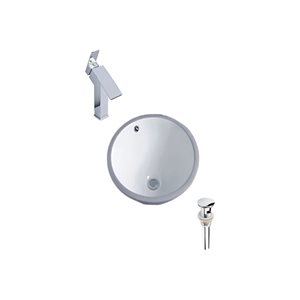 Ensemble lavabo blanc en céramique rond sous plan DROP Bath and Kitchen 15,7 po diamètre, bonde/robinet chromés