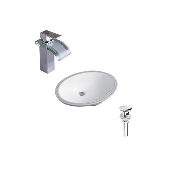 DROP Bath and Kitchen 23.6-in W Oval Undermount Ceramic Bathroom Sink in White with Chrome Faucet and Drain