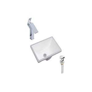 Ensemble lavabo rectangle blanc en céramique sous plan DROP Bath and Kitchen 17,9 po l., bonde et robinet chromés