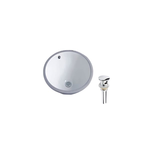 Ensemble lavabo rond blanc en céramique sous plan DROP Bath and Kitchen 15,7 po diamètre, bonde chromée