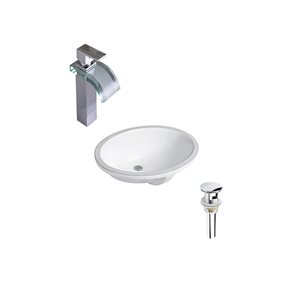 DROP Bath and Kitchen 21.7-in W Oval Undermount Ceramic Bathroom Sink in White with Chrome Faucet and Drain