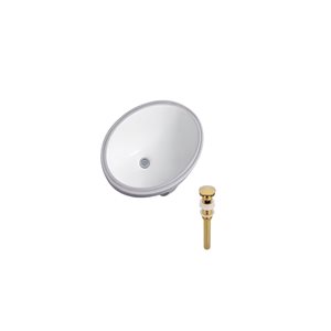 Ensemble lavabo ovale en céramique DROP Bath and Kitchen sous plan 23,6 po l., blanc à bonde dorée