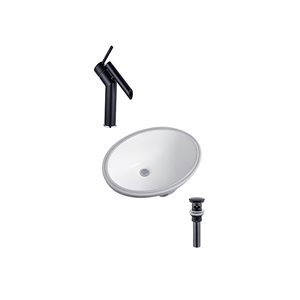 Ensemble lavabo ovale en céramique DROP Bath and Kitchen sous plan 23,6 x 16,9 po, blanc à bonde et robinet noirs