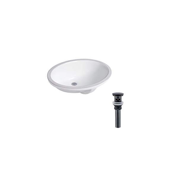 Ensemble lavabo ovale en céramique DROP Bath and Kitchen sous plan 21,7 po l., blanc à bonde noire