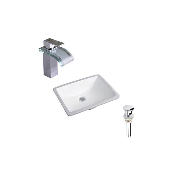 Ensemble lavabo rectangle en céramique DROP Bath and Kitchen sous plan 20,3 x 15,2 po, blanc à bonde et robinet chromés