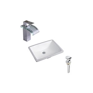 Ensemble lavabo rectangle en céramique DROP Bath and Kitchen sous plan 20,3 x 15,2 po, blanc à bonde et robinet chromés