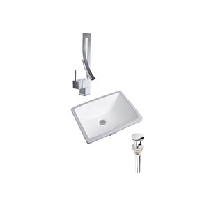 DROP Bath and Kitchen 20.3 x 15.2-in Rectangle Ceramic Bathroom Undermount Sink Set in White w/ Chrome Faucet and Drain