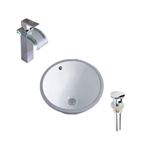 Ensemble lavabo blanc en céramique sous plan DROP Bath and Kitchen rond 15,7 po diamètre, bonde/robinet chromés