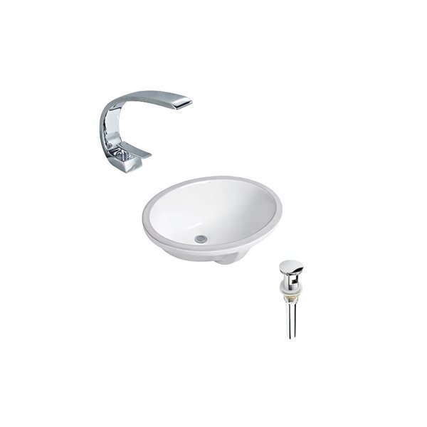 DROP Bath and Kitchen 21.7 x 16.1-in White Oval Ceramic Bathroom Undermount Sink Set with Chrome Drain and Faucet