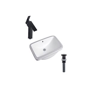 DROP Bath and Kitchen 23.6 x 15-in White Rectangle Ceramic Bathroom Undermount Sink Set w/ Black Faucet and Drain