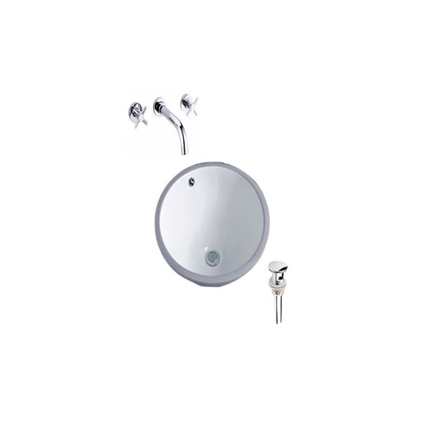 Ensemble lavabo rond en céramique sous plan DROP Bath and Kitchen blanc 15,7 po diamètre, bonde/robinet chromés