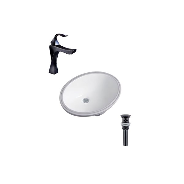 Ensemble lavabo blanc ovale en céramique DROP Bath and Kitchen sous plan 23,6 po l. à bonde et robinet noirs