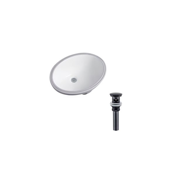 DROP Bath and Kitchen 23.6-in W Oval Ceramic Bathroom Undermount Sink Set in White with Black Drain