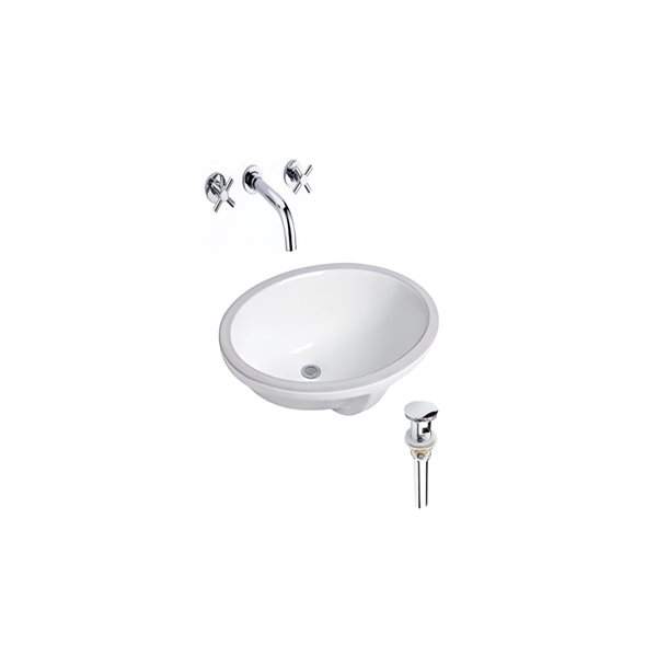 DROP Bath and Kitchen 21.7 x 16.1-in Oval Ceramic Bathroom Undermount Sink Set in White with Chrome Faucet and Drain