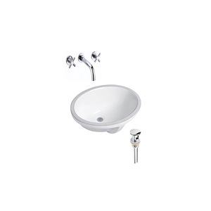 Ensemble lavabo ovale en céramique sous plan DROP Bath and Kitchen 21,7 x 16,1 po, blanc à bonde et robinet chromés