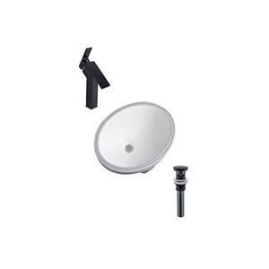 Ensemble lavabo ovale en céramique DROP Bath and Kitchen sous plan 23,6 po l. blanc à bonde et robinet noirs