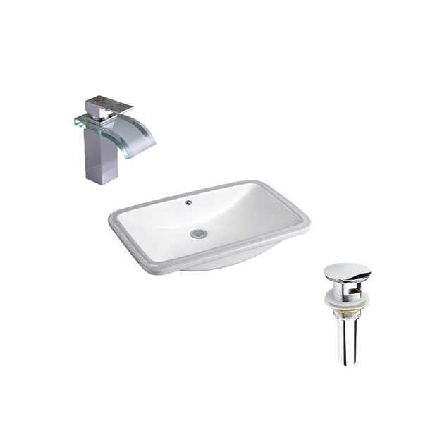 Ensemble lavabo rectangle blanc en céramique DROP Bath and Kitchen sous plan 23,6 po l., robinet/bonde chromés