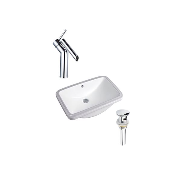 Ensemble lavabo rectangle blanc en céramique DROP Bath and Kitchen sous plan 23,6 po l., bonde/robinet chromés