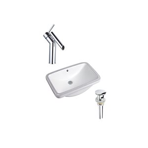 Ensemble lavabo rectangle blanc en céramique DROP Bath and Kitchen sous plan 23,6 po l., bonde/robinet chromés