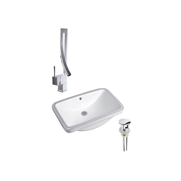 DROP Bath and Kitchen 23.6 x 15-in White Rectangle Ceramic Undermount Bathroom Sink Set w/ Chrome Faucet and Drain