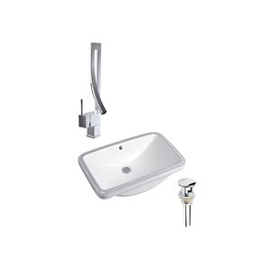 Ensemble lavabo rectangle en céramique sous plan DROP Bath and Kitchen blanc 23,6 x 15 po, à bonde et robinet chromés