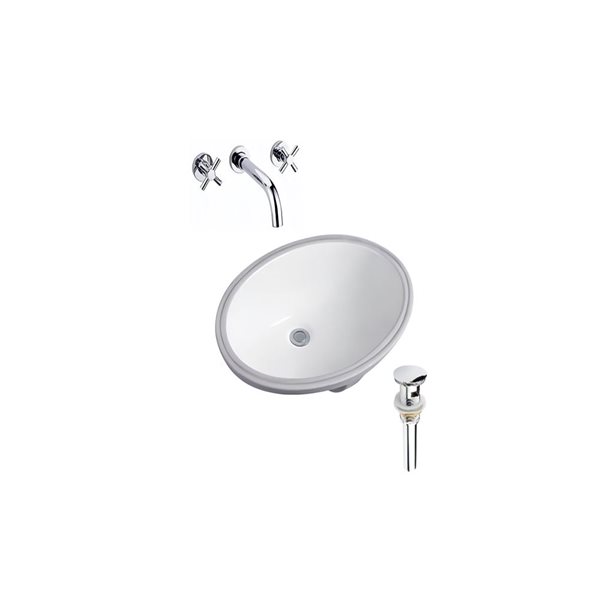 DROP Bath and Kitchen 23.6-in W White Oval Ceramic Bathroom Undermount Sink Set with Chrome Faucet and Drain