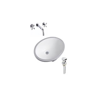 Ensemble lavabo ovale en céramique DROP Bath and Kitchen sous plan 23,6 po l. blanc à bonde et robinet chromés