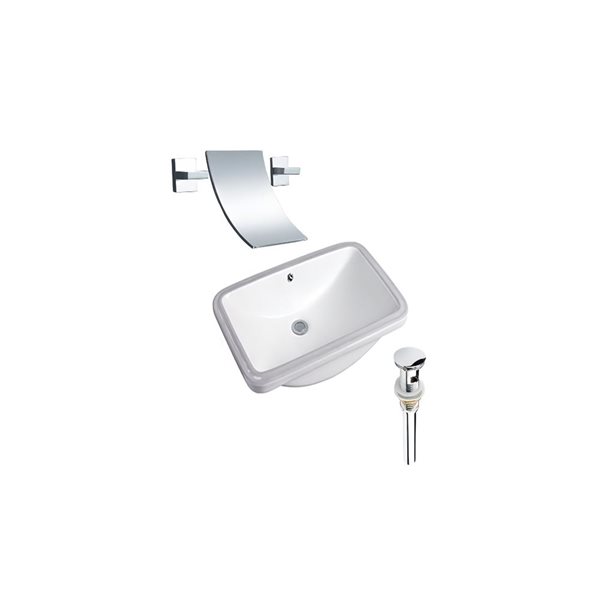 Ensemble lavabo rectangle en céramique sous plan DROP Bath and Kitchen 23,6 x 15 po, blanc à bonde et robinet chromés