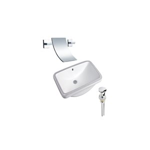 Ensemble lavabo rectangle en céramique sous plan DROP Bath and Kitchen 23,6 x 15 po, blanc à bonde et robinet chromés