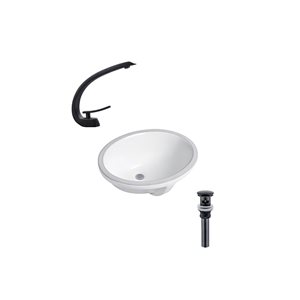 Ensemble lavabo ovale en céramique sous plan DROP Bath and Kitchen 21,7 x 16,1 po, blanc à bonde et robinet noirs