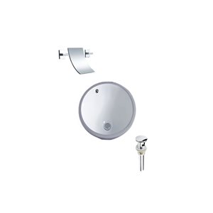 Ensemble lavabo rond en céramique blanche sous plan DROP Bath and Kitchen 15,7 po diamètre, bonde/robinet chromés