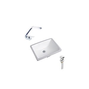 Ensemble lavabo rectangle en céramique sous plan DROP Bath and Kitchen blanc 20,3 po l., à bonde et robinet chromés