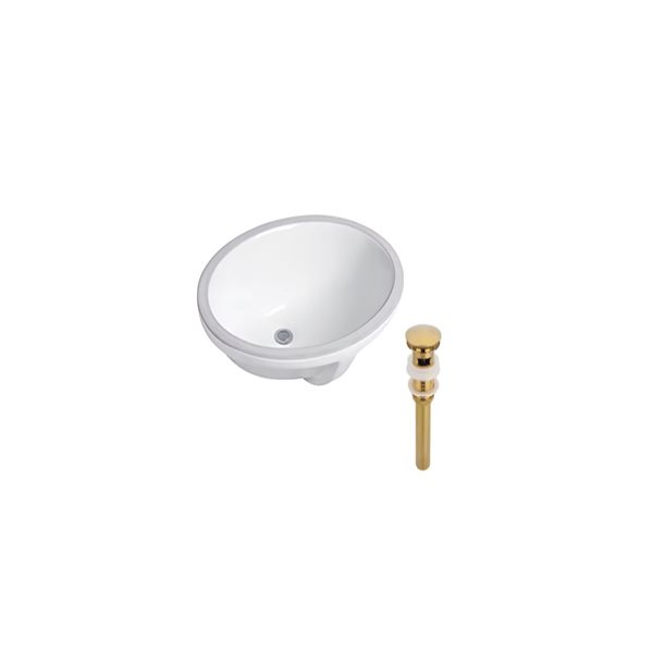 Ensemble lavabo ovale en céramique blanche DROP Bath and Kitchen sous plan 21,7 po l. à bonde dorée