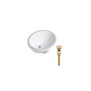 Ensemble lavabo ovale en céramique blanche DROP Bath and Kitchen sous plan 21,7 po l. à bonde dorée