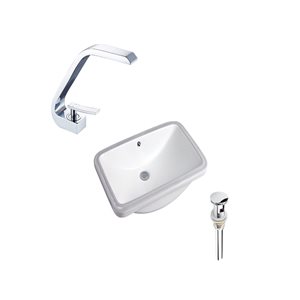 DROP Bath and Kitchen 23.6-in W White Rectangular Ceramic Bathroom Undermount Sink Set w/ Chrome Faucet and Drain