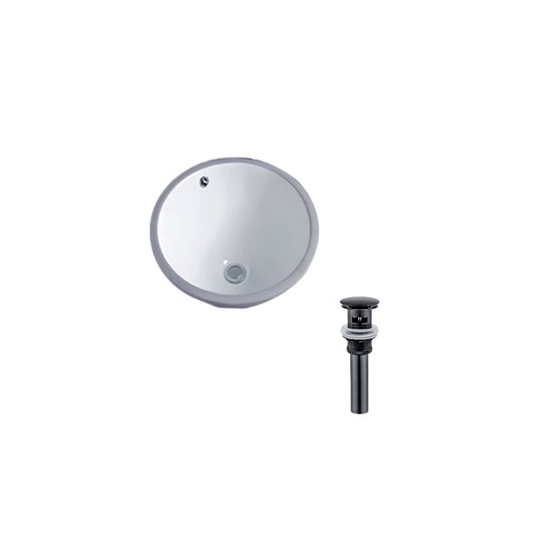 Ensemble lavabo rond blanc en céramique sous plan DROP Bath and Kitchen 15,7 po diamètre, bonde noire