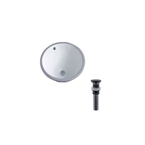 Ensemble lavabo rond blanc en céramique sous plan DROP Bath and Kitchen 15,7 po diamètre, bonde noire