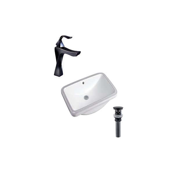 Ensemble lavabo rectangle blanc en céramique sous plan DROP Bath and Kitchen 23,6 po l. à bonde/robinet noirs