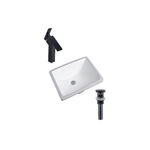 DROP Bath and Kitchen 20.3-in W Rectangular Ceramic Bathroom Undermount Sink Set in White with Black Faucet and Drain