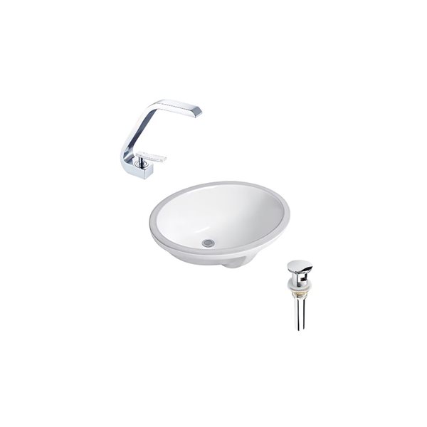 Ensemble lavabo ovale en céramique DROP Bath and Kitchen sous plan blanc 21,7 x 16,1 po à bonde et robinet chromés