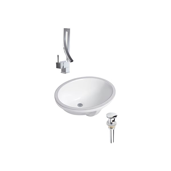 Ensemble lavabo ovale blanc en céramique DROP Bath and Kitchen sous plan 21,7 po l., bonde et robinet chromés