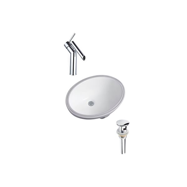 Ensemble lavabo ovale blanc en céramique DROP Bath and Kitchen sous plan 23,6 po l., bonde et robinet chromés