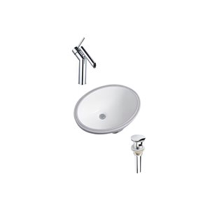 Ensemble lavabo ovale blanc en céramique DROP Bath and Kitchen sous plan 23,6 po l., bonde et robinet chromés