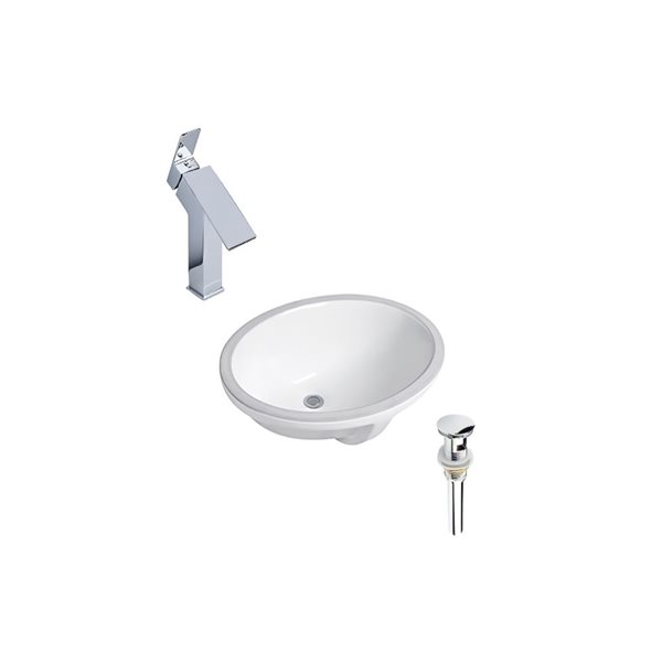 Ensemble lavabo ovale en céramique DROP Bath and Kitchen sous plan 21,7 po l., blanc à bonde et robinet chromés