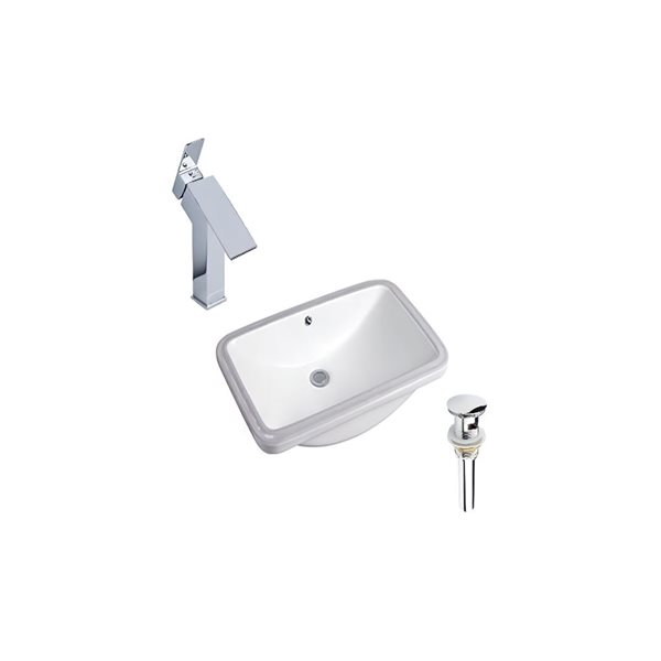 Ensemble lavabo rectangle blanc en céramique sous plan DROP Bath and Kitchen 23,6 po l. à bonde/robinet chromés