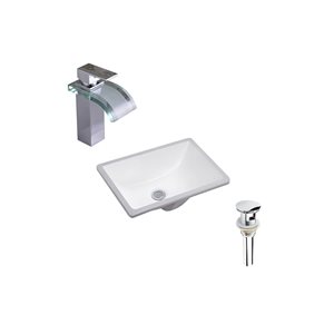 DROP Bath and Kitchen 17.9-in W Rectangular Ceramic Bathroom Undermount Sink in White w/ Chrome Faucet and Drain