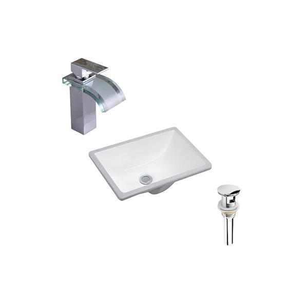 Ensemble lavabo rectangle blanc en céramique DROP Bath and Kitchen sous plan 17,9 po l., bonde et robinet chromés