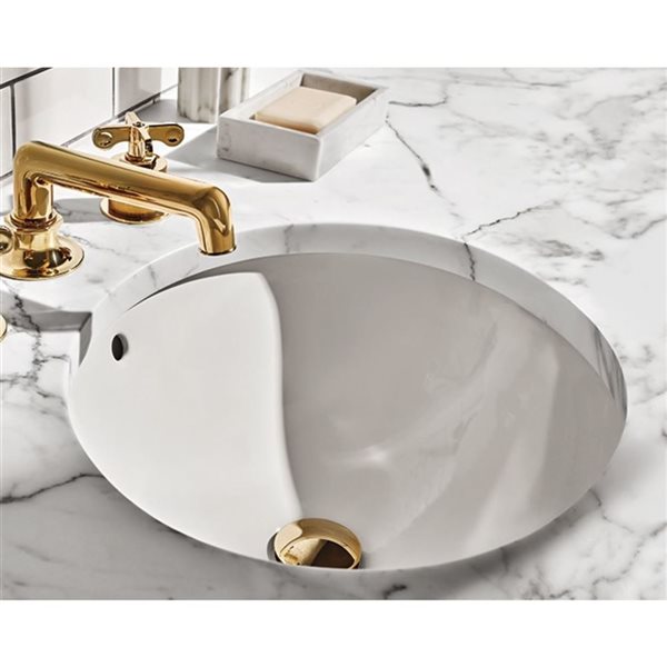 Ensemble lavabo rond blanc en céramique sous plan DROP Bath and Kitchen 15,7 po diamètre, bonde dorée