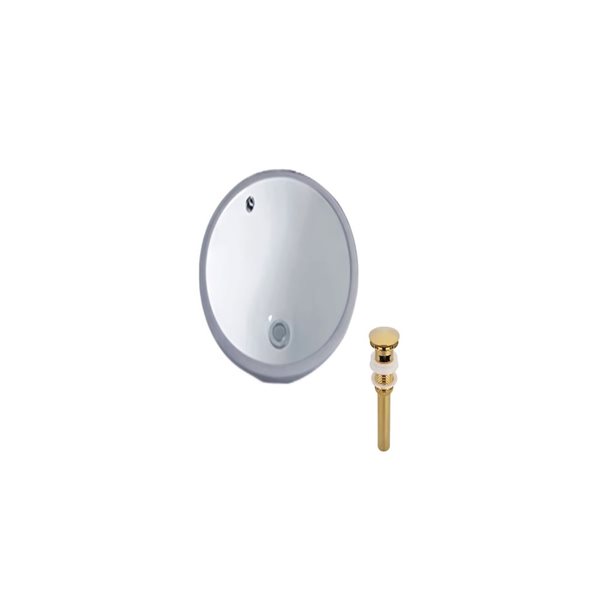 Ensemble lavabo rond blanc en céramique sous plan DROP Bath and Kitchen 15,7 po diamètre, bonde dorée