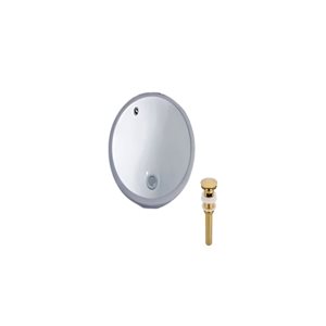 Ensemble lavabo rond blanc en céramique sous plan DROP Bath and Kitchen 15,7 po diamètre, bonde dorée